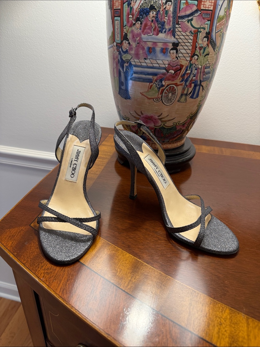 Jimmy Choo Silver Sparkle Slingback Stiletto Sandals